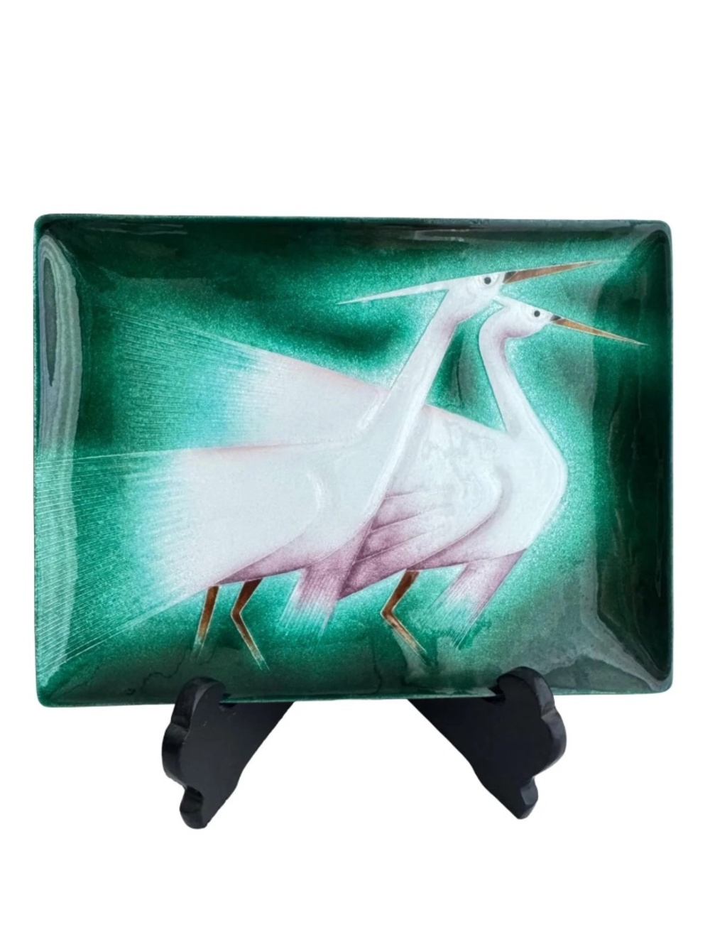 Vintage Japanese Cloisonne Crane Tray Green Enamel Wood Box Stand Longevity Gift